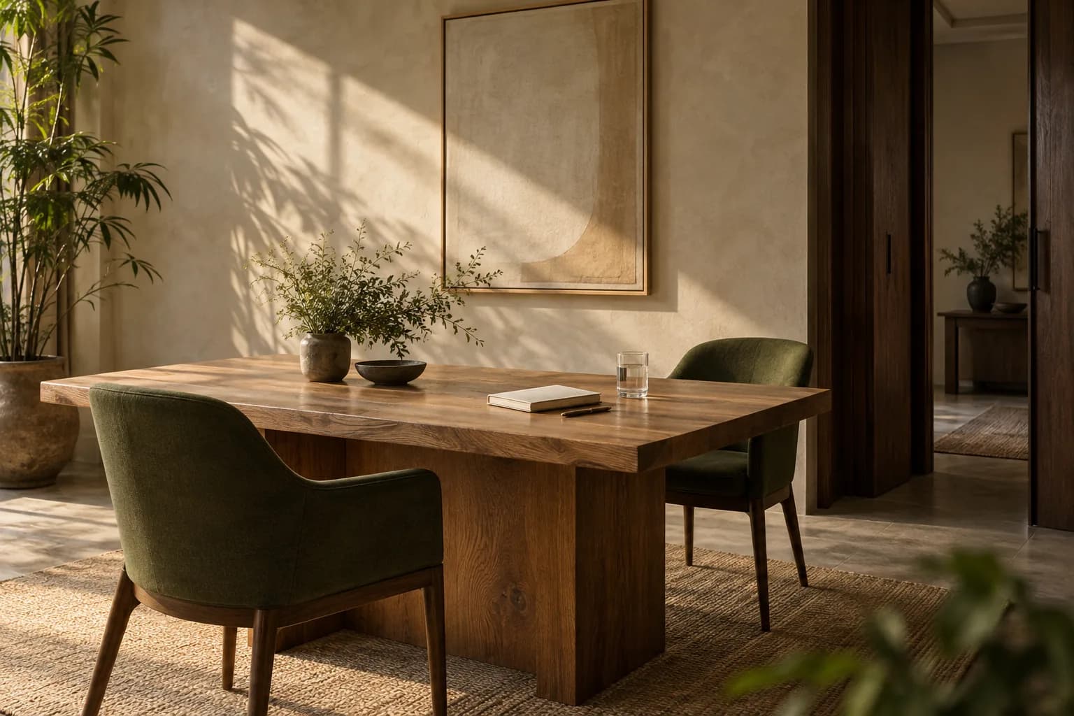 An illustrative sunlit meeting space with an oak table and two chairs